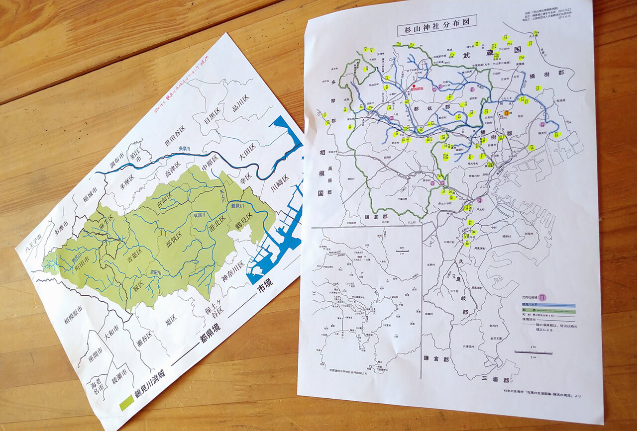 平井先生が提供してくれた杉山神社の分布図（右）と鶴見川流域の図（左）